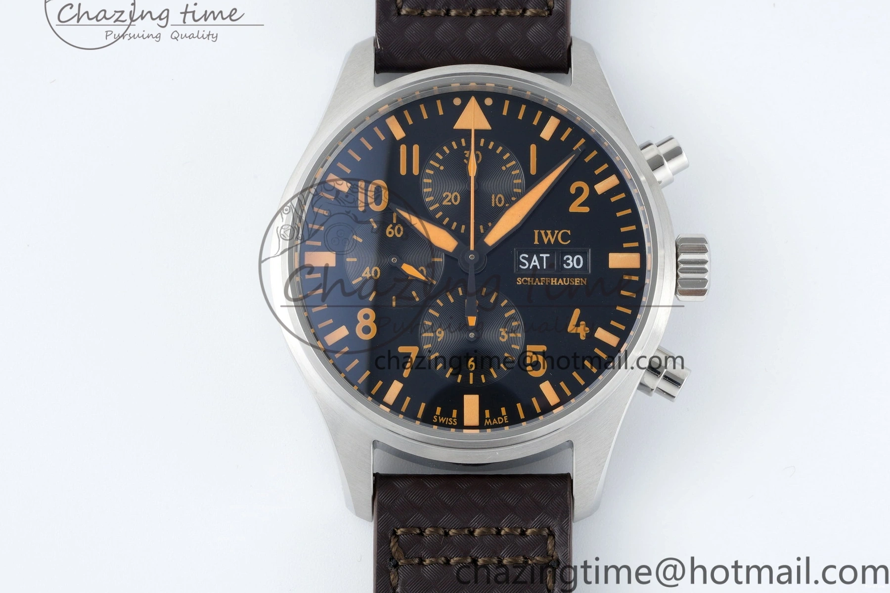 MIROTIME 0503 Pilot Chrono SS AZF 1:1 Best Edition Black Dial Orange Markers on Brown Leather Strap A EasyCare 7065